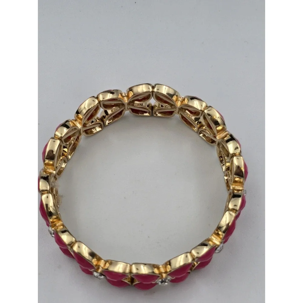 Gold Tone Hot Pink Faceted‎ Stone Stretch Bracelet Clear Rhinestone Accents